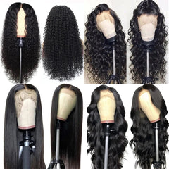 A collection of various human hair lace front wigs in straight, wavy, and curly textures.