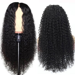 A long, black curly human hair lace front wig shown from the front and back on a mannequin head.