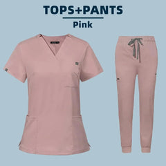 A pink women's scrub set featuring a V-neck top and matching jogger-style pants.