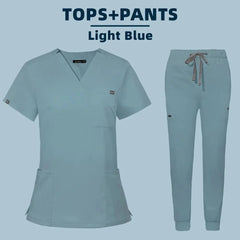 A light blue women's scrub set featuring a V-neck top and matching drawstring jogger pants.