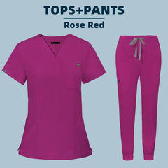 A rose red women's scrub set featuring a V-neck top and matching jogger-style pants.