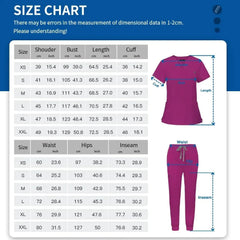 A size chart for a women's medical scrub set with measurements in centimeters and inches.