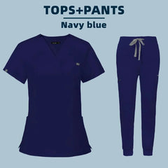 A navy blue women's scrub set featuring a V-neck top and matching jogger-style pants.