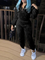 Winter New Plush Two Piece Set Casual Home Warm Suit For Women Fashion Zipper Lapel Pullover Top Elastic Waist Trousers Suit - SHOWLU FASHION STORE
