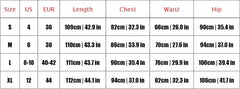 A size chart table for women's clothing showing measurements in centimeters and inches.