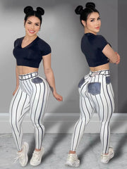 Women High Waist Sports Leggings Stripe Print Stretchable Yoga Pants Sexy Tight Fitness Workout Gym Push Up Causal Pant - SHOWLU FASHION STORE