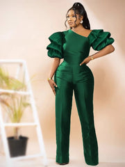 Women Jumpsuits Shiny Skew Collar Puff Sleeves High Waist One Piece Slim Elegant Office Ladies Summer Fashion Party Elegant New - SHOWLU FASHION STORE