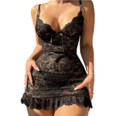 Women Mini Dress Sleeveless Backless Porno Pajamas Floral Lace Erotic Nightwears+Thongs Sexy Short Transparent Dresses - SHOWLU FASHION STORE