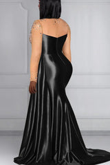 Women Plus Size Evening Dress Gowns Black Mock Neck Long Sleeve Drilling Mermaid Satin Wedding Guest Cocktail Slim Maxi Dresses - SHOWLU FASHION STORE