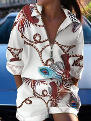 Women Short Sets Turn Down Collar Printing Pullover Tops Casual Tracksuit Pencil Pants Zipper Loose Summer Pockets 2024 - SHOWLU FASHION STORE