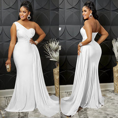 Women Solid Maxi Party Dress Summer One Shoulder Long Robe - SHOWLU FASHION STORE