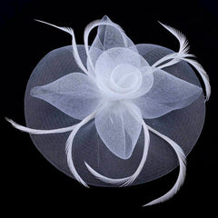 A white mesh fascinator headband featuring a central fabric flower and delicate feather accents.
