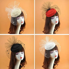 Four felt fascinator hats with mesh veils and polka dot accents shown in beige, red, black, white.