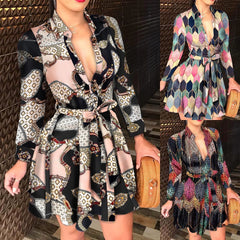 Women's Long Sleeve V - neck Lace up Sexy Print Dress - SHOWLU FASHION STORE