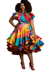 A woman wears a colorful, satin, A-line midi dress with petal sleeves and ruffled hem.