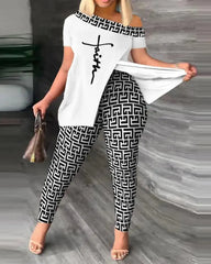 A woman wears a white off-shoulder top with a faith print and matching geometric print leggings.