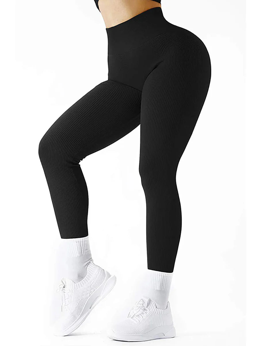 Women's Solid Color High Waist Simple Yoga Fitness Daily Ribbed Sports Cycling Leggings - SHOWLU FASHION STORE