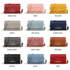 A grid of twelve small rectangular women's shoulder bags in various solid colors.