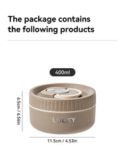 A round khaki insulated bento lunch box with a 400ml capacity and a lid handle.