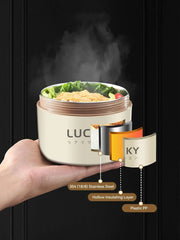 A hand holds a round, off-white insulated lunch box with a diagram showing its three-layer design.