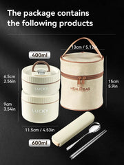 A khaki insulated lunch bag with two stackable round food containers, a spoon, and chopsticks.