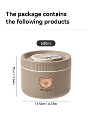A khaki round insulated lunch box with a bear illustration and a 600ml capacity.