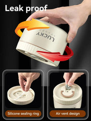 An off-white insulated food container with a silicone sealing ring and an air vent lid.