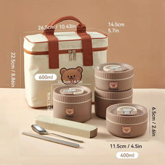 A khaki insulated lunch bag with three stackable round bento containers and matching cutlery.