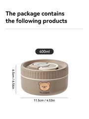 A round khaki insulated bento lunch box with a bear graphic and a 400ml capacity.