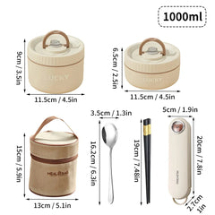 A portable thermal lunch box set with a bag, spoon, chopsticks, and case, showing dimensions.