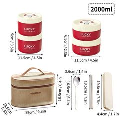 A red stackable stainless steel lunch box set with a carrying bag, spoon, and chopsticks.