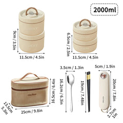 A yellow stackable thermal lunch box set with a carrying bag, spoon, and chopsticks.