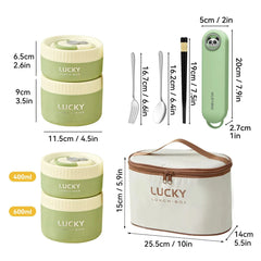 A green two-tier stainless steel lunch box set with matching cutlery, a carrying case, and dimensions.