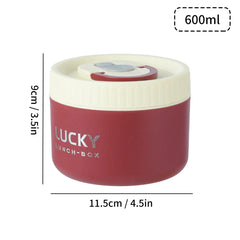 A round red and cream insulated lunch box with a 600ml capacity and dimensions of 11.5cm by 9cm.