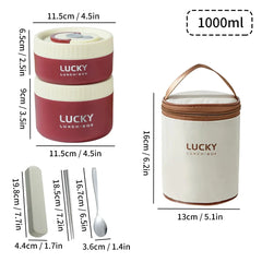 A two-tier stainless steel lunch box with a carrying bag, spoon, and chopsticks.