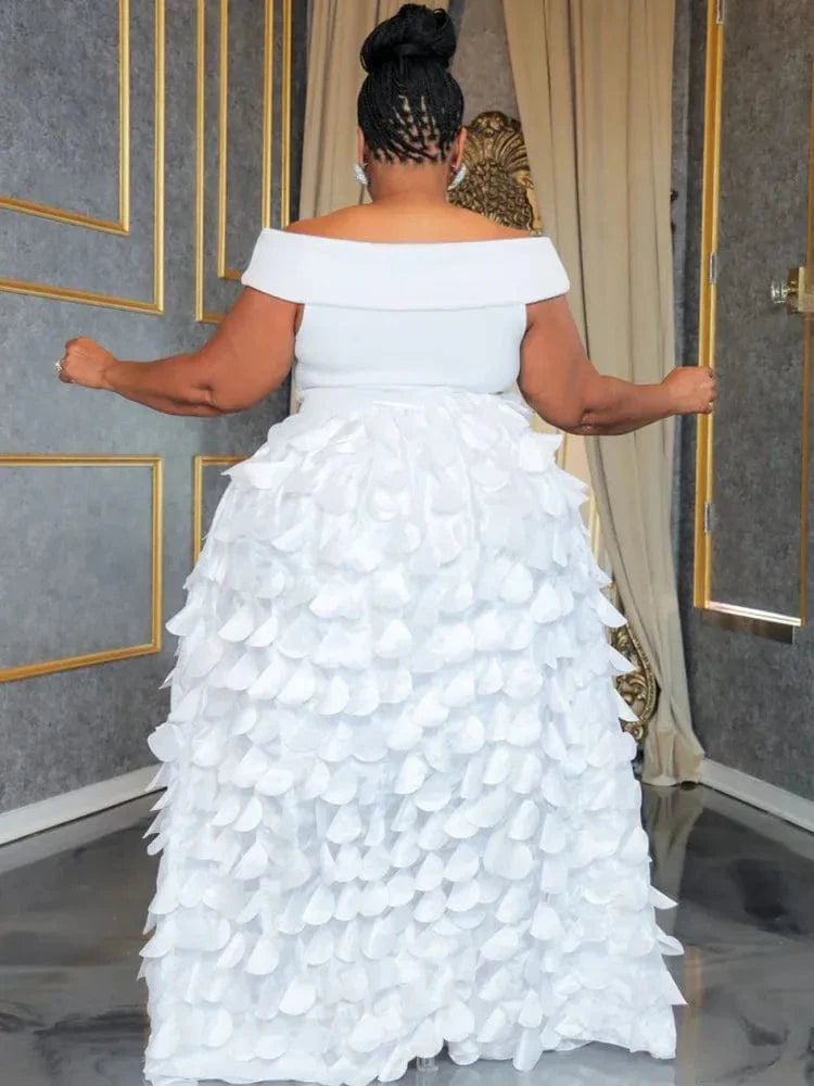 XL - 5XL Plus Size Elegant Maxi Dress 2024 Autumn Women Bohemian Dress Casual Short Sleeve Robe Off Shoulder Dress Oversize - SHOWLU FASHION STORE