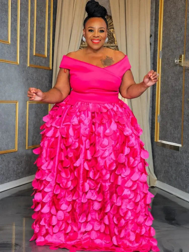 XL - 5XL Plus Size Elegant Maxi Dress 2024 Autumn Women Bohemian Dress Casual Short Sleeve Robe Off Shoulder Dress Oversize - SHOWLU FASHION STORE