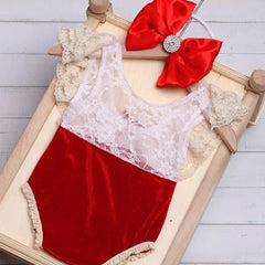Ylsteed Newborn Lace Romper with Matching Ribbon Bow Headband Baby Girl Christmas Photography Outfits Red Rhinestone Hairband - SHOWLU FASHION STORE