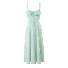 A light blue midi dress with a yellow floral print, square neckline, and spaghetti straps.