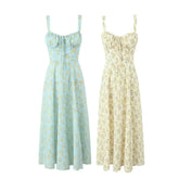 Two midi-length floral print camisole dresses with spaghetti straps and a square neckline.