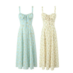 Two midi-length floral print camisole dresses with spaghetti straps and a square neckline.