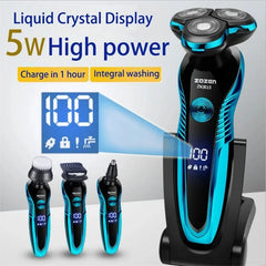 A black and blue ZOZEN electric shaver with interchangeable heads and a digital battery display.