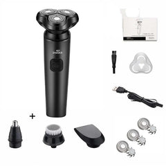 A black ZOZEN electric rotary shaver with multiple interchangeable heads and charging accessories.