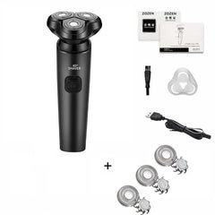 A black ZOZEN electric rotary shaver with accessories including a charging cable and spare blades.