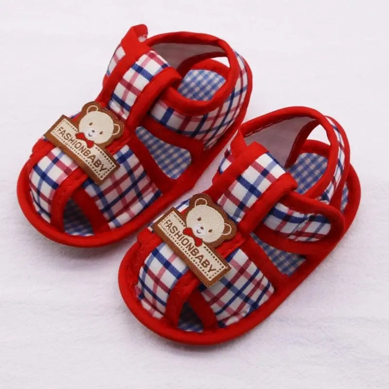 Showlu Fashion Baby Bear Hollow Sandals for infants, soft cotton first walker shoes with bear pattern for 0-18 months.