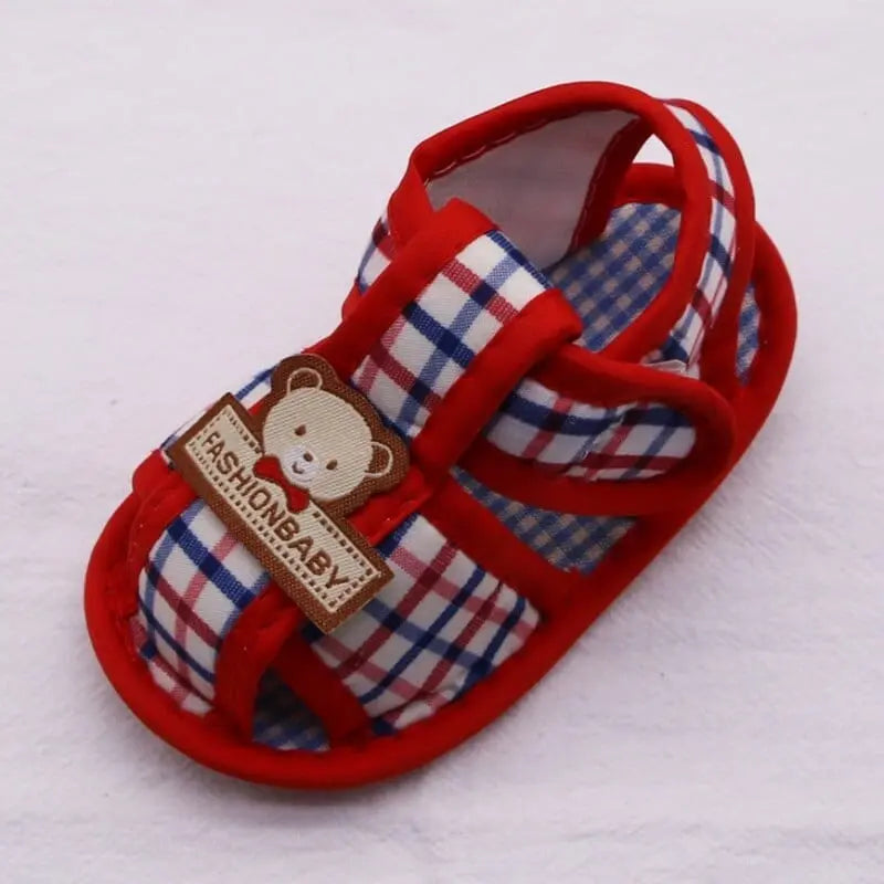 Baywell Baby Bear Hollow Sandals for infants and toddlers, soft cotton first walker shoes with bear pattern for boys and girls.