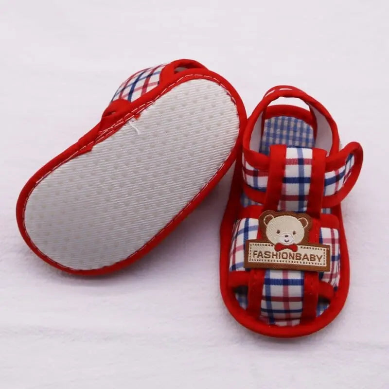 Baywell Baby Bear Hollow Sandals for infants and toddlers, soft cotton first walker shoes with bear pattern for boys and girls.