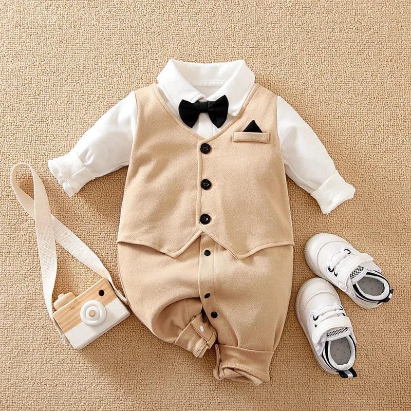 Showlu Baby Gentleman Formal Suit, cotton long-sleeve romper for 0-18 months, soft and comfortable, perfect for special occasions.