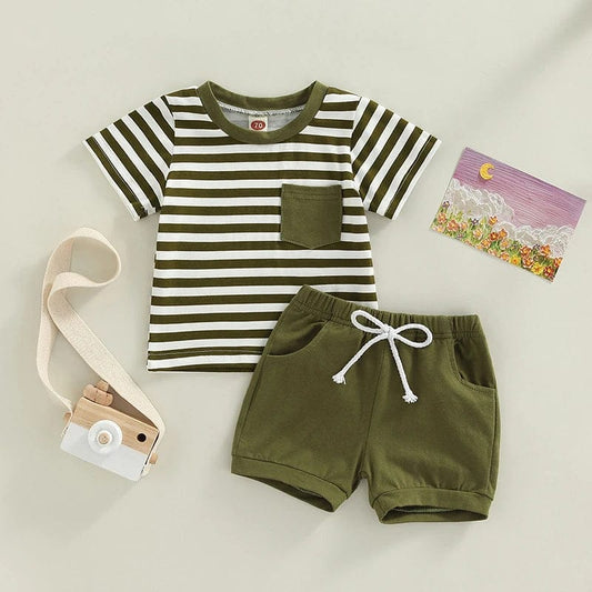 0 - 3 Years Toddler Baby Boys Clothes Short Set Short Sleeve Striped T-shirt with Elastic Waist Shorts Summer Clothing Outfit - SHOWLU FASHION STORE