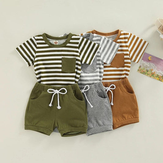 0 - 3 Years Toddler Baby Boys Clothes Short Set Short Sleeve Striped T-shirt with Elastic Waist Shorts Summer Clothing Outfit - SHOWLU FASHION STORE